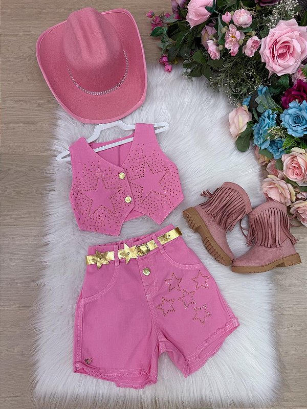 Conjunto Blogueirinha Boiadeira Estrelada Rosa
