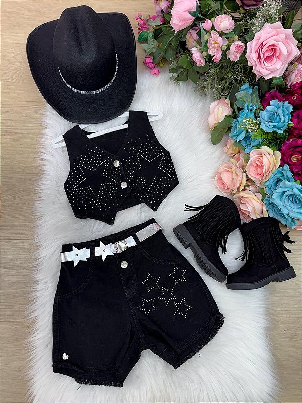 Conjunto Blogueirinha Boiadeira Estrelada Preto