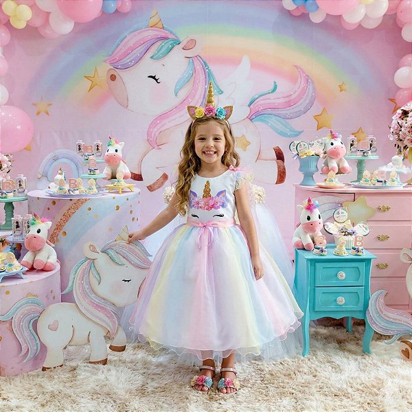 Vestido Mini Miss Temático Unicornio - Colorido - Arco iris
