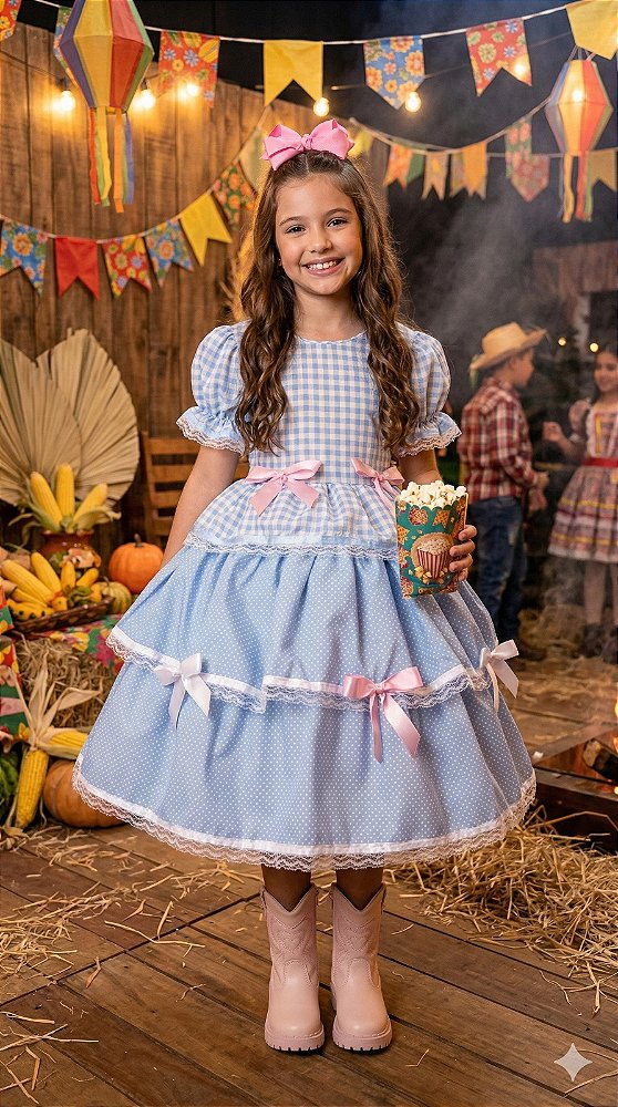 Vestido Junino Mimadine Luxo Stefanny Azul Bebe