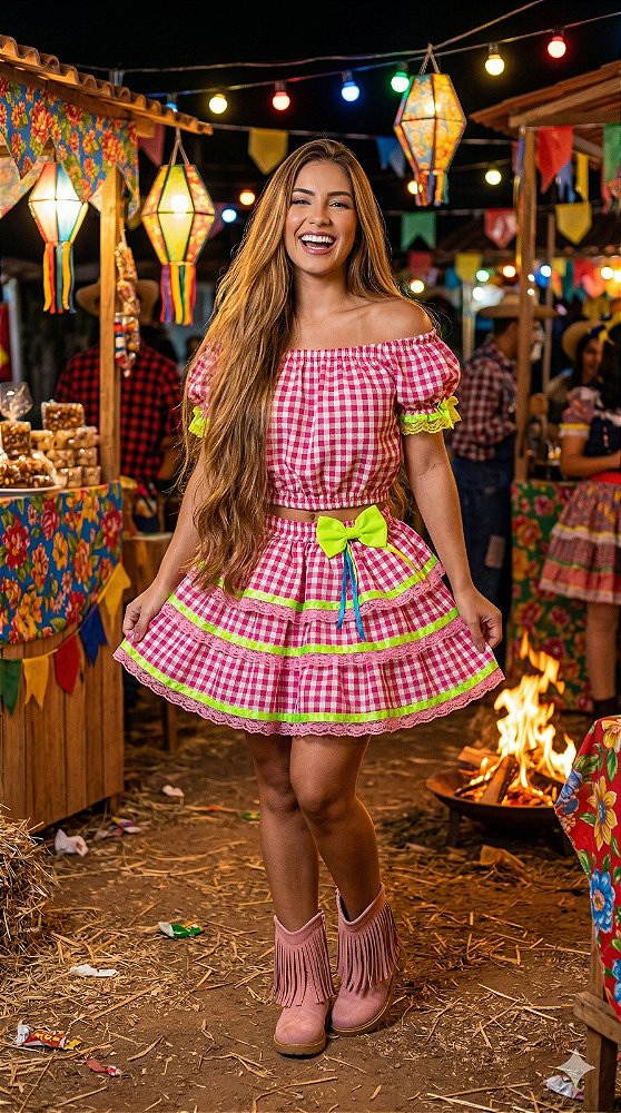 Conjunto Banana Club Junino Luxo Adulto Sofia Rosa