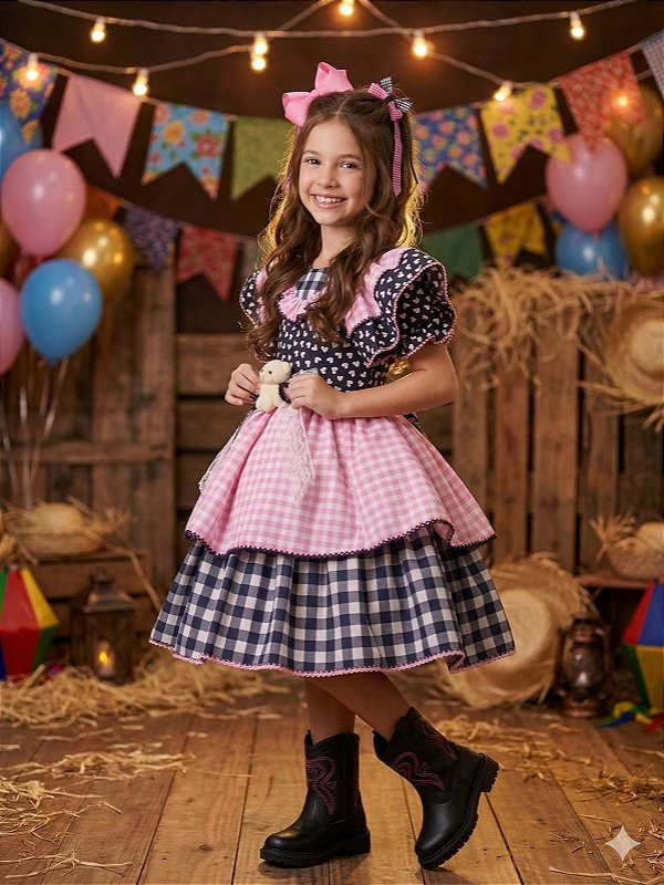 Vestido Marie Junino Luxo Ursinho do Sertão Mimosa Preto