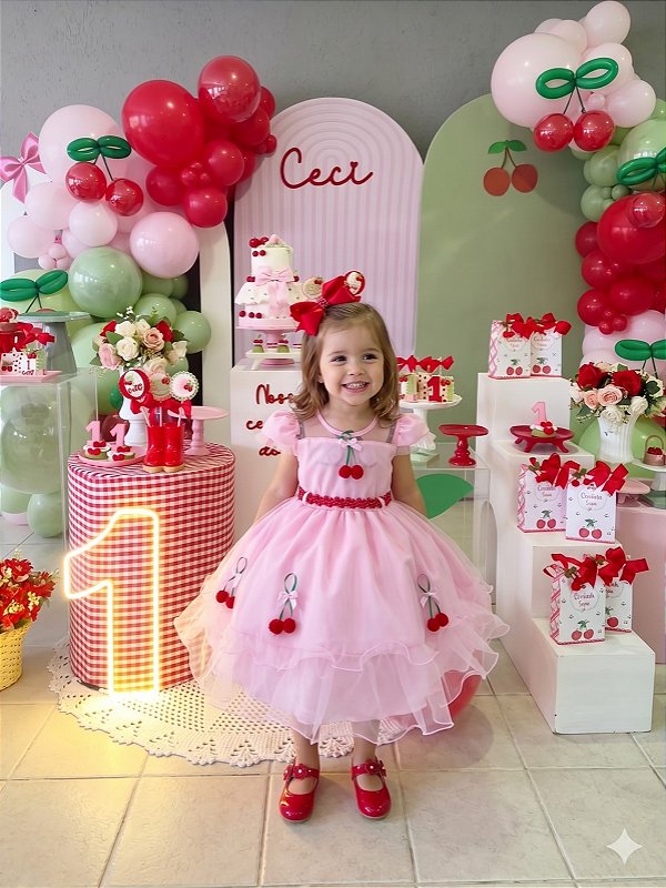 Vestido Mini Miss Cerejinha Rosa Bebe