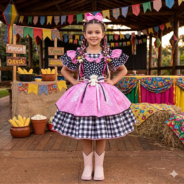 Vestido Marie Junino Luxo Ursinho do Sertão Mimosa Preto MD 2