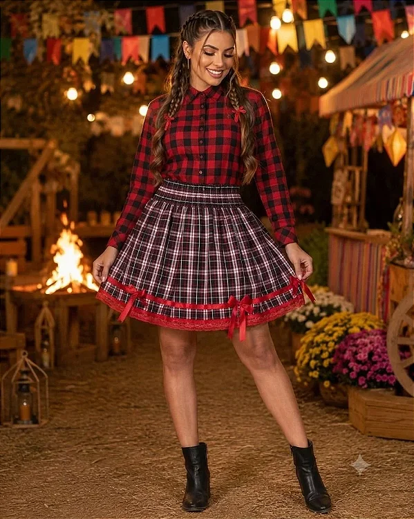 Saia Junina Adulta Xadrez Renda Vermelho