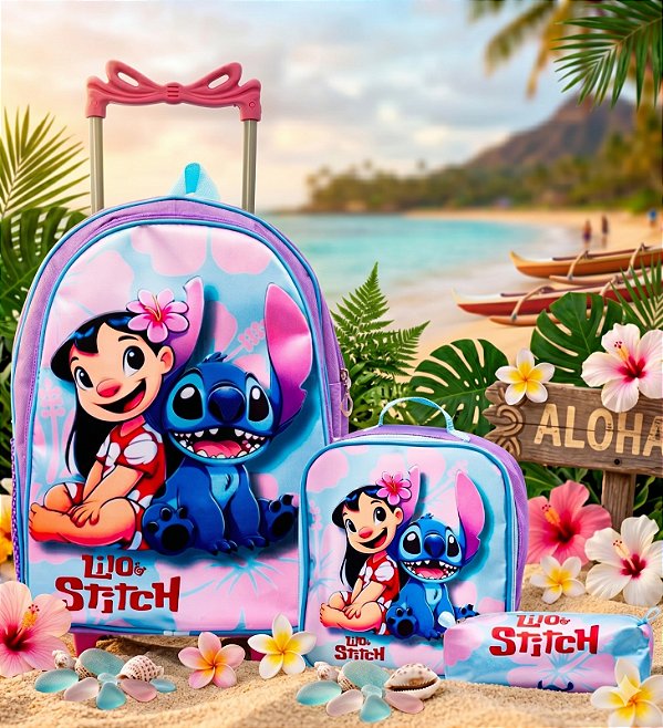 Kit Mochila Rodinhas + Lancheira + Estojo Lilo e Stitch