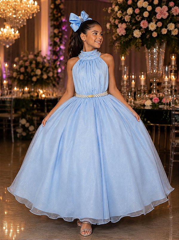 Vestido Banana Club Longo Âmbar Azul Bebe