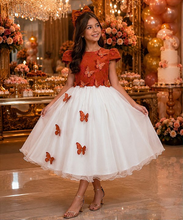 Vestido Juvenil - Midi Vila Lele Sabrina Terracota e Off