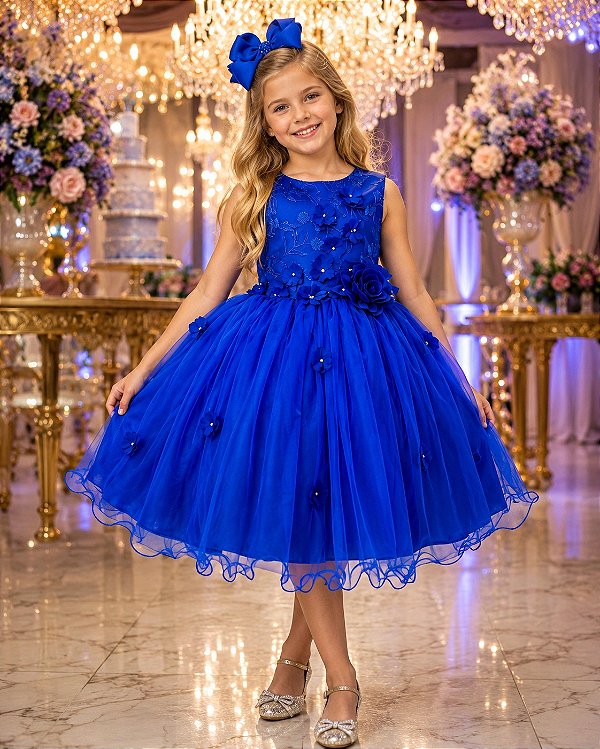 Vestido Juvenil Vila Lele Regata Flores Azul Royal