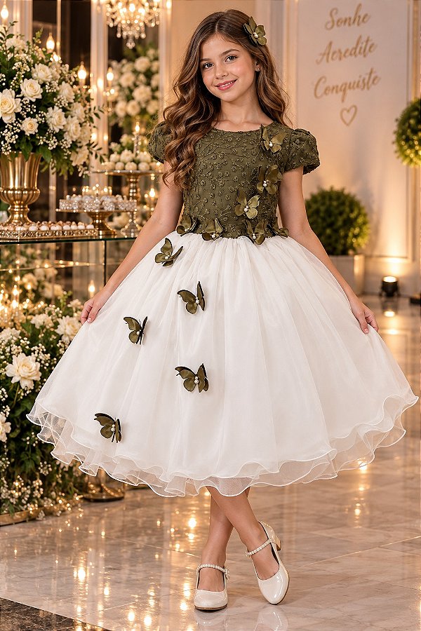 Vestido Juvenil - Midi Vila Lele Sabrina Verde Militar e Off