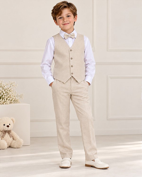 Conjunto Miss Cherry Social Leonardo Colete Linho - Bege