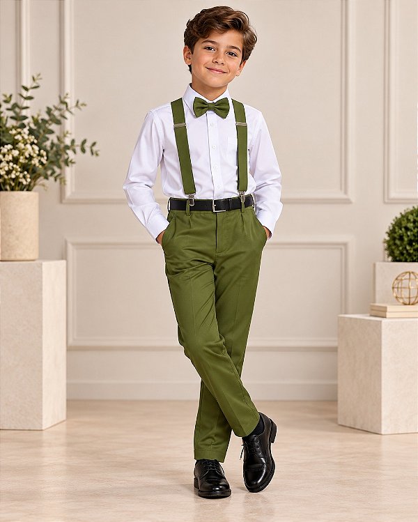 Conjunto Meninos Miss Cherry Leo Suspensorio Verde Oliva
