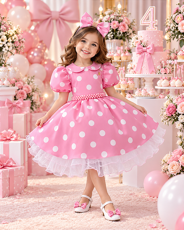 Vestido Banana Club Melody Rosa Poa Branco