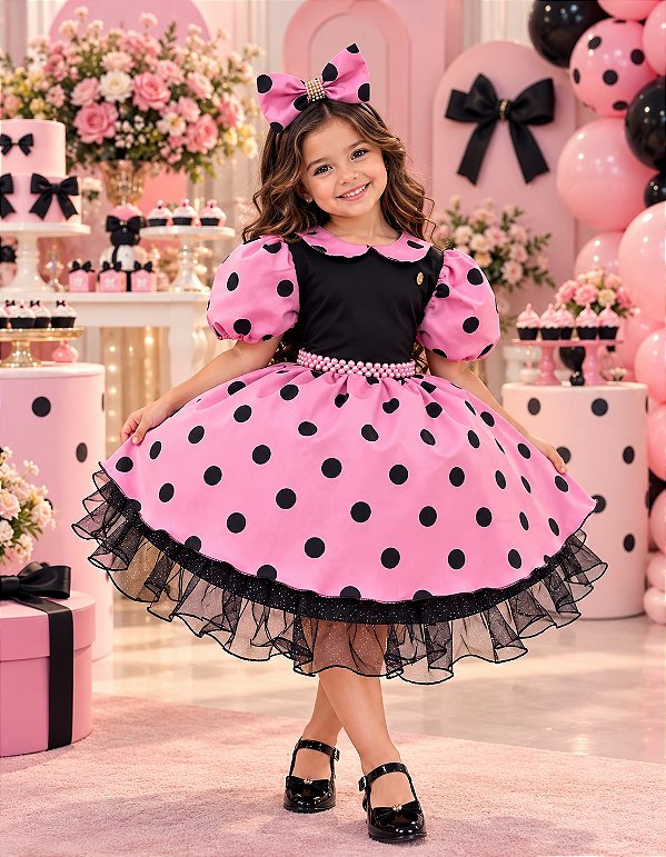 Vestido Banana Club Melody Rosa Poa Preto