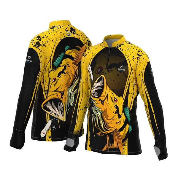 Camiseta de Pesca Mar Negro Infantil Premium Tucunaré Amarelo