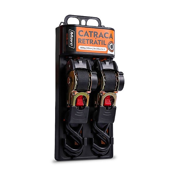 Conjunto Cinta e Catraca Retrátil Mave 800kg 25mm 2mt Gancho S Preto "Par"