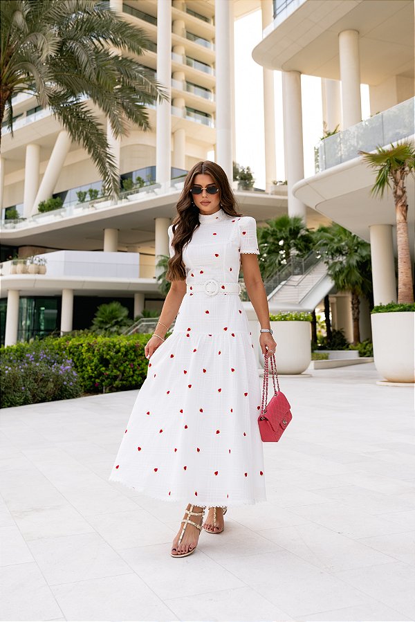 Vestido Midi Renda Branco Bufante Morangos