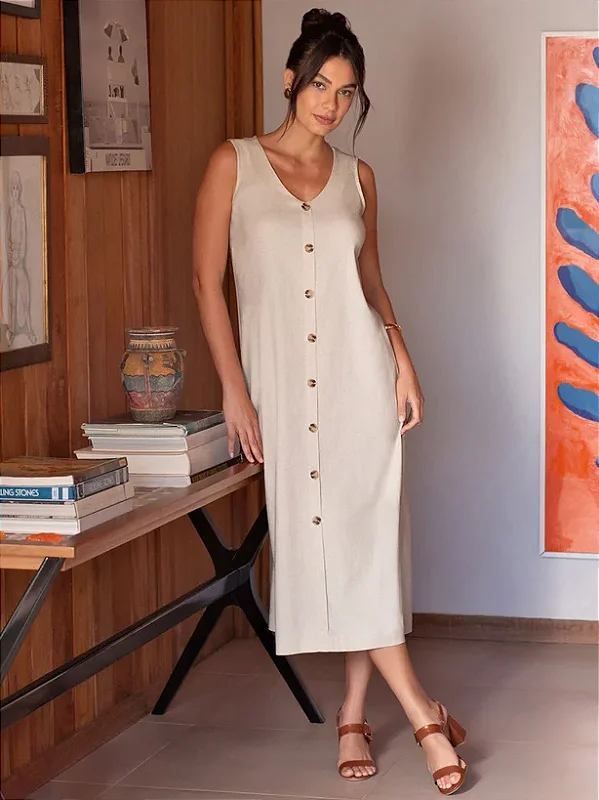 Vestido Longuete em Linho Natural