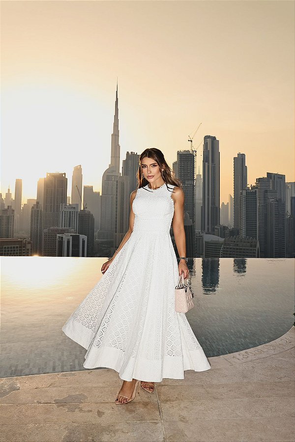 Vestido Midi Branco Renda Cavado