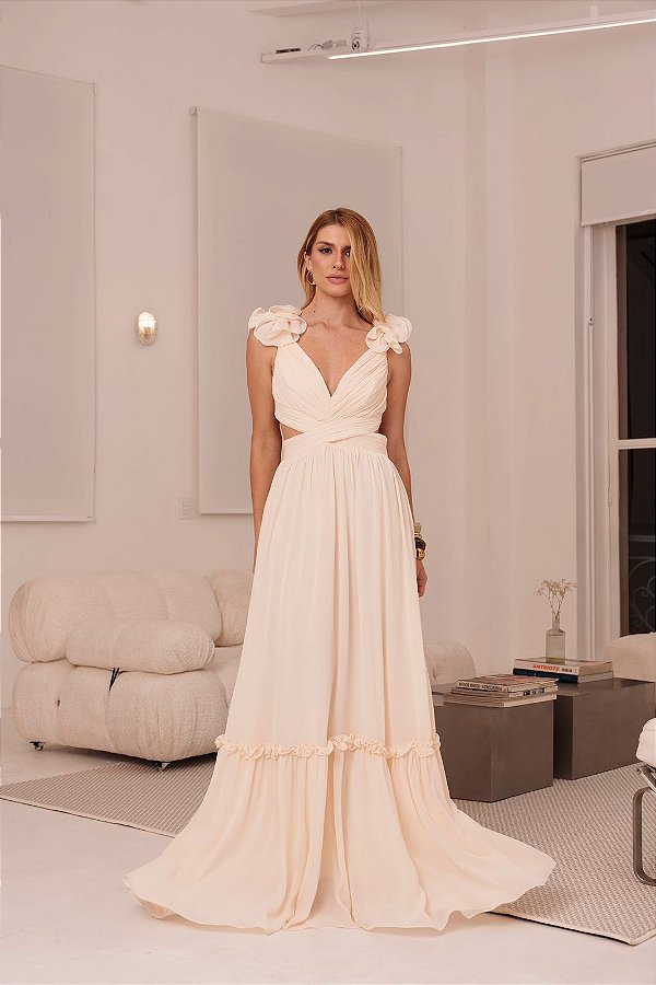 Vestido Longo Chiffon Transpassado Aveia