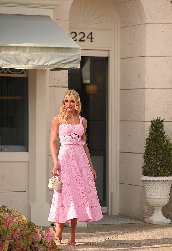 Vestido Midi Renda Rosa Claro com Cinto