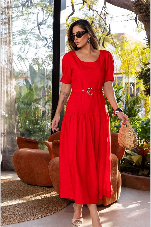 Vestido Manga Bufante Cinto