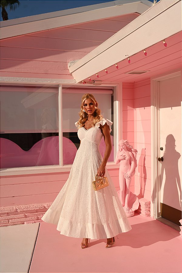 Vestido Midi Branco Rendado