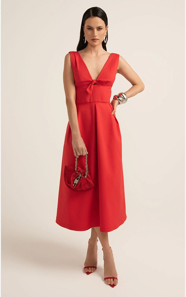 Vestido Midi Decote V em Sarja Estruturada