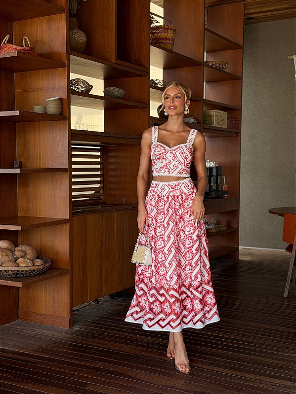 Conjunto Top e Saia Midi Renda Bordado