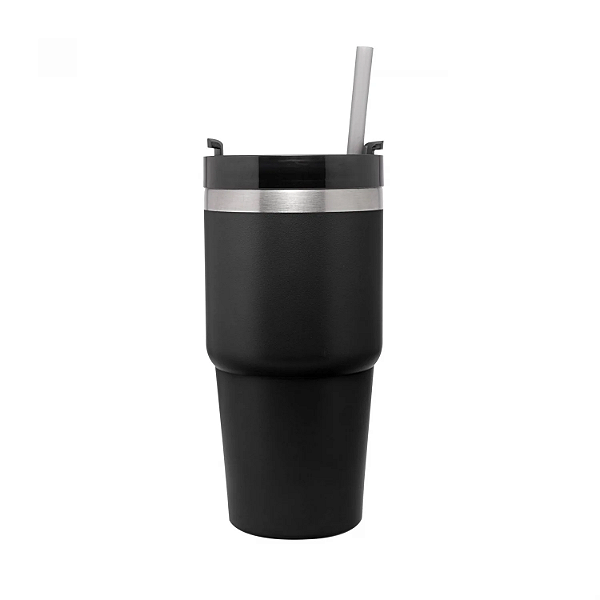 COPO TERMICO PAREDE DUPLA SLIMTERM COM BASE ERGONOMICA E CANUDO PRETO 590ML