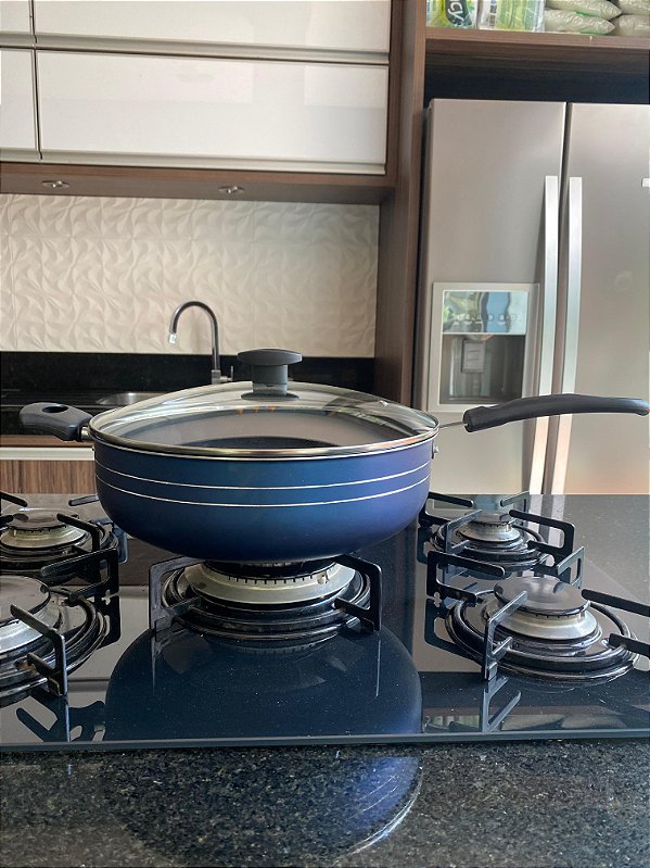 Frigideira Wok Antiaderente com dupla linhas pratas cabo reto  Azul + Tampa de Vidro.