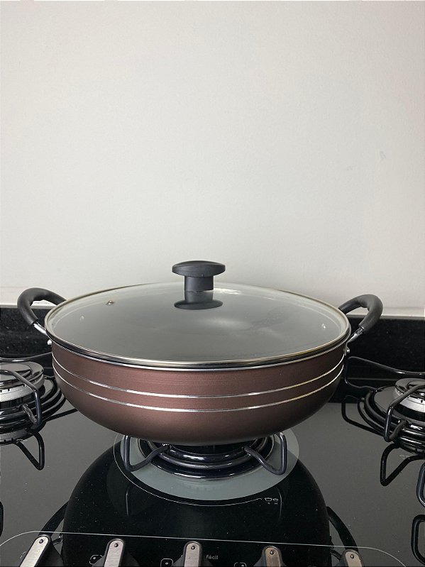 Panela Grande Frigideira Wok Silver Lines Marrom Antiaderente com alças + Tampa.