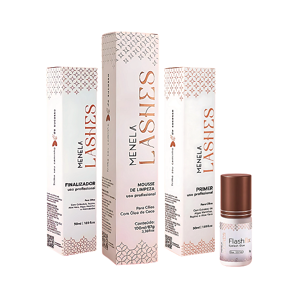 Kit Profissional de Extensão de Cílios Menela — Cola Flash Fix, Mousse de Limpeza, Primer e Finalizador