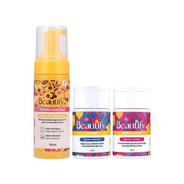 Kit Arretada Beautify Pro — Espuma de Limpeza + Primer + Finalizador para Extensão de Cílios