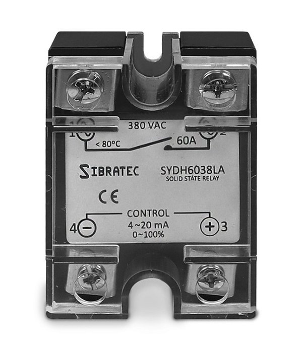 RELÉ DE ESTADO SÓLIDO MONOFÁSICO SYDH6038LA – CONTROLE 4~20MA – CONTATO (60A) SIBRATEC0~380VCA