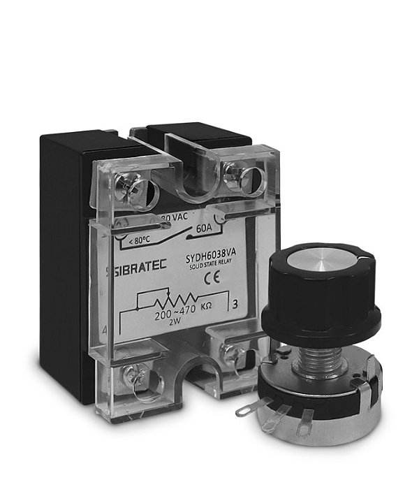 RELÉ DE ESTADO SÓLIDO MONOFÁSICO SYDH6038VA – CONTROLE 220~470KΩ – CONTATO (60A) 0~380VCA (ACOMPANHA POTENCIÔMETRO) SIBRATEC