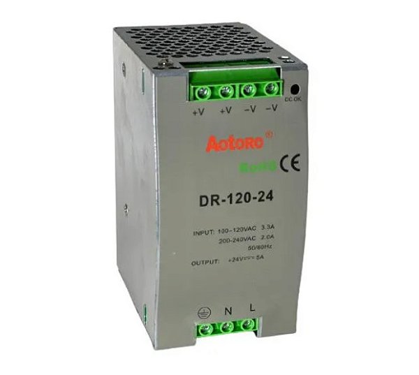 FONTE CHAVEADA DR-120-24 PARA TRILHO DIN 24V 5A AOTORO