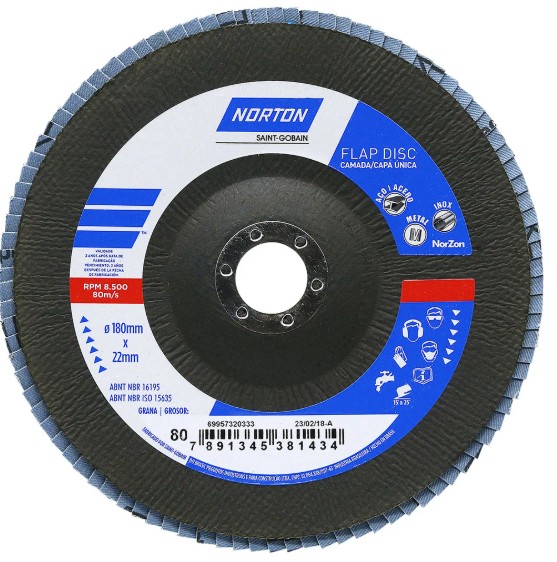DISCO FLAP ORIGINAL FLD FDTF 180X22 R822 180MM GRÃO P80 NORTON-69957320333