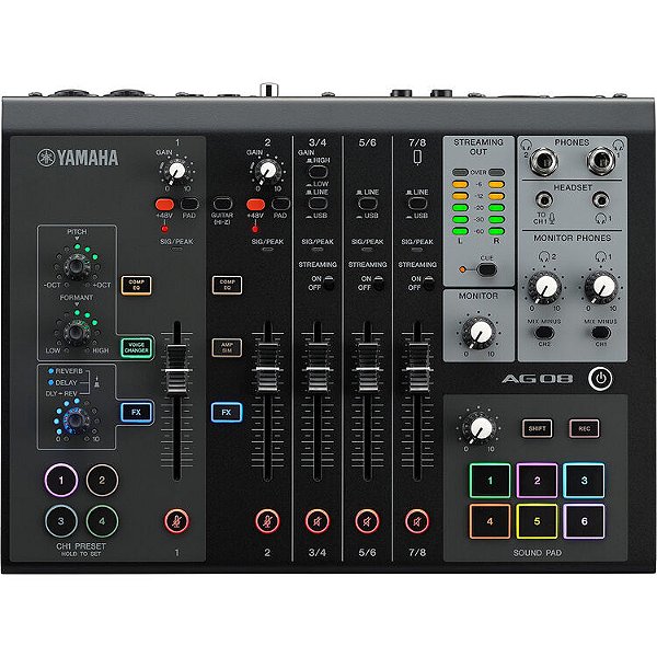 Yamaha AG08 Mixer de 8 canais - Live Steaming - Interface USB para Mac/PC - Preto