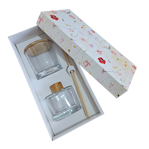 Caixa encaixe para 1 vela whisky e 1 difusor de 200ml - SEM O VIDRO - Flores Amarelas
