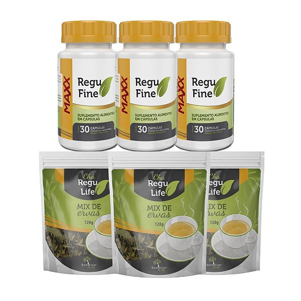 3 unidades de Regu Fine Maxx Termogênico 7x mais potente + Chá Regu Life pacote Bem Estar Life