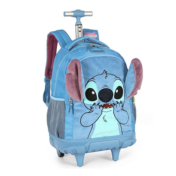 Mochila com Rodinhas Stitch 18” Pelúcia e Orelhas 3D Azul UP4YOU - Disney Oficial - Design Premium