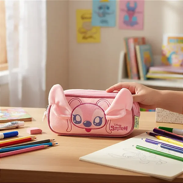Estojo Tripo Escolar 100 Pens Aplique 3D Stitch & Angel Rosa - Disney