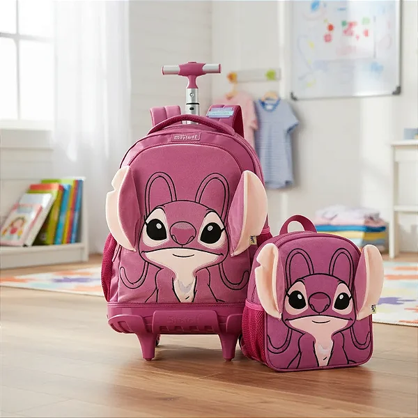 Kit Mochila De Rodinhas Angel 18” e Lancheira Juvenil Com Orelhas Aveludadas 3D Roxo UP4YOU - Disney Oficial