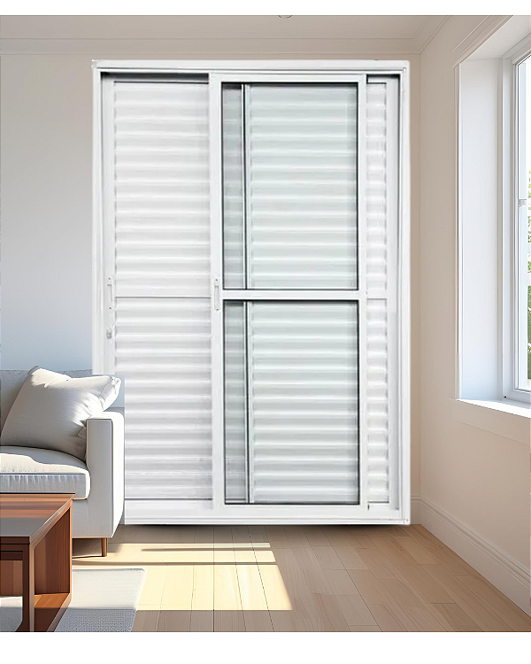 PORTA BALCÃO 3 FOLHAS (1 FIXA) ALUMÍNIO BRANCO COM TRINCO VIDRO LISO - LINHA RESISTENCE