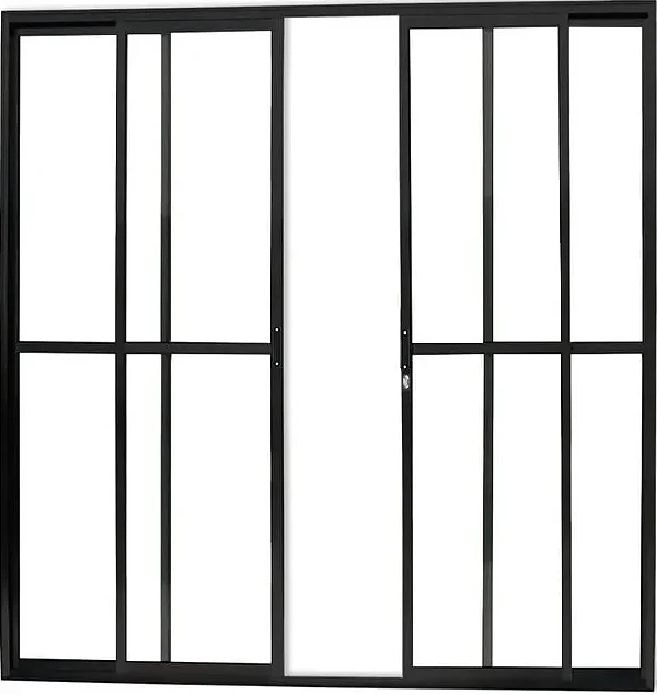 PORTA DE CORRER 4 FOLHAS (2 FIXAS E 2 MÓVEIS) ALUMÍNIO PRETO VIDRO LISO C/ FECHADURA BICO DE PAPAGAIO - LINHA 25 PREMIUM