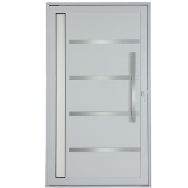 PORTA LAMBRIL PIVOTANTE ALUMÍNIO BRANCO C/ PUXADOR C/ FRISOS C/ VIDRO S/ DIVISÓRIA