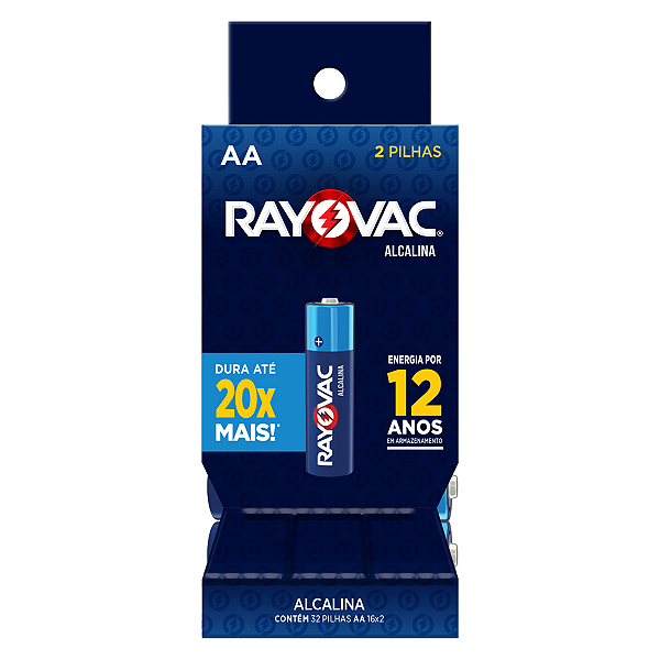 Pilha Alcalina Rayovac AA2 - Tubo com 16 Cartelas de 2 Pilhas (32 pilhas)