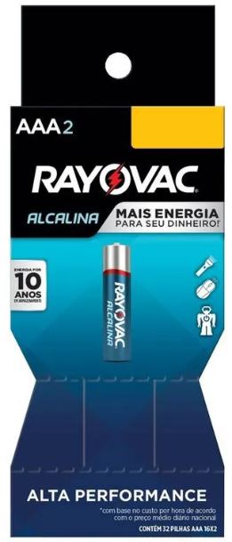 Pilha Alcalina Rayovac AAA2 Tubo com 16 cartelas de 2 pilhas total 32 pilhas