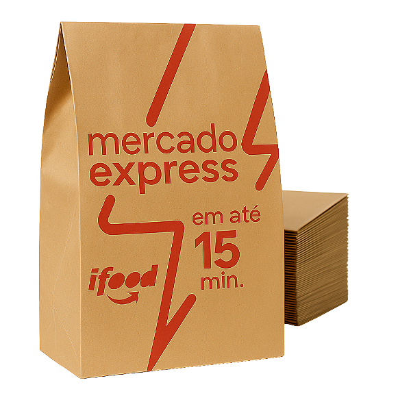 Kit 50 Sacos de Papel Kraft Ifood Mercado Express – 34x22x13,5cm